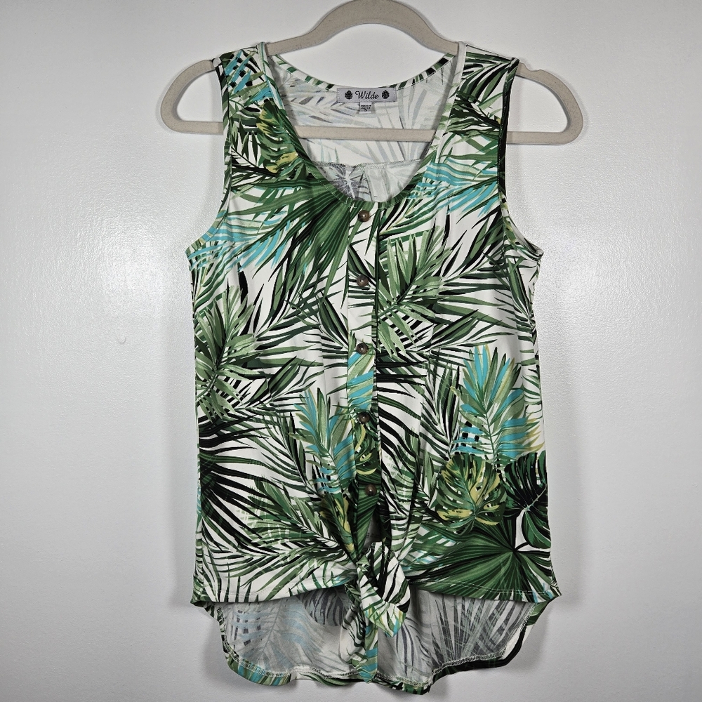 Wilde Green White Tropical Palm Leaf Tie Waist Button Down Tank Top Size Small